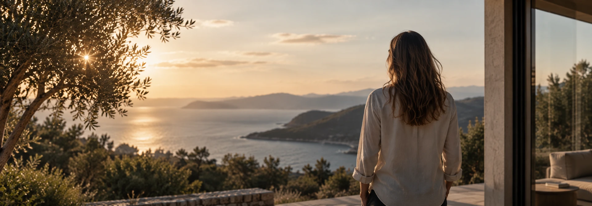 Woman on a modern terrace overlooking the Mediterranean coast at sunset