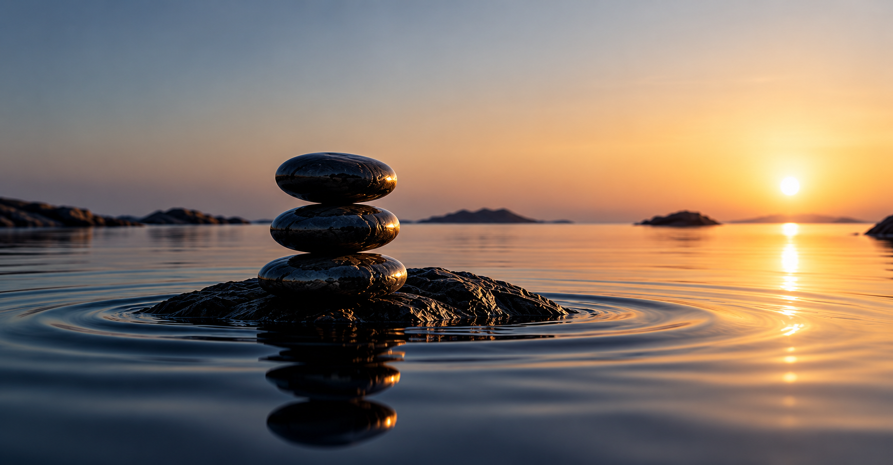 A balanced cairn of smooth stones at sunset over calm water, symbolising calm, balance and long-term health.