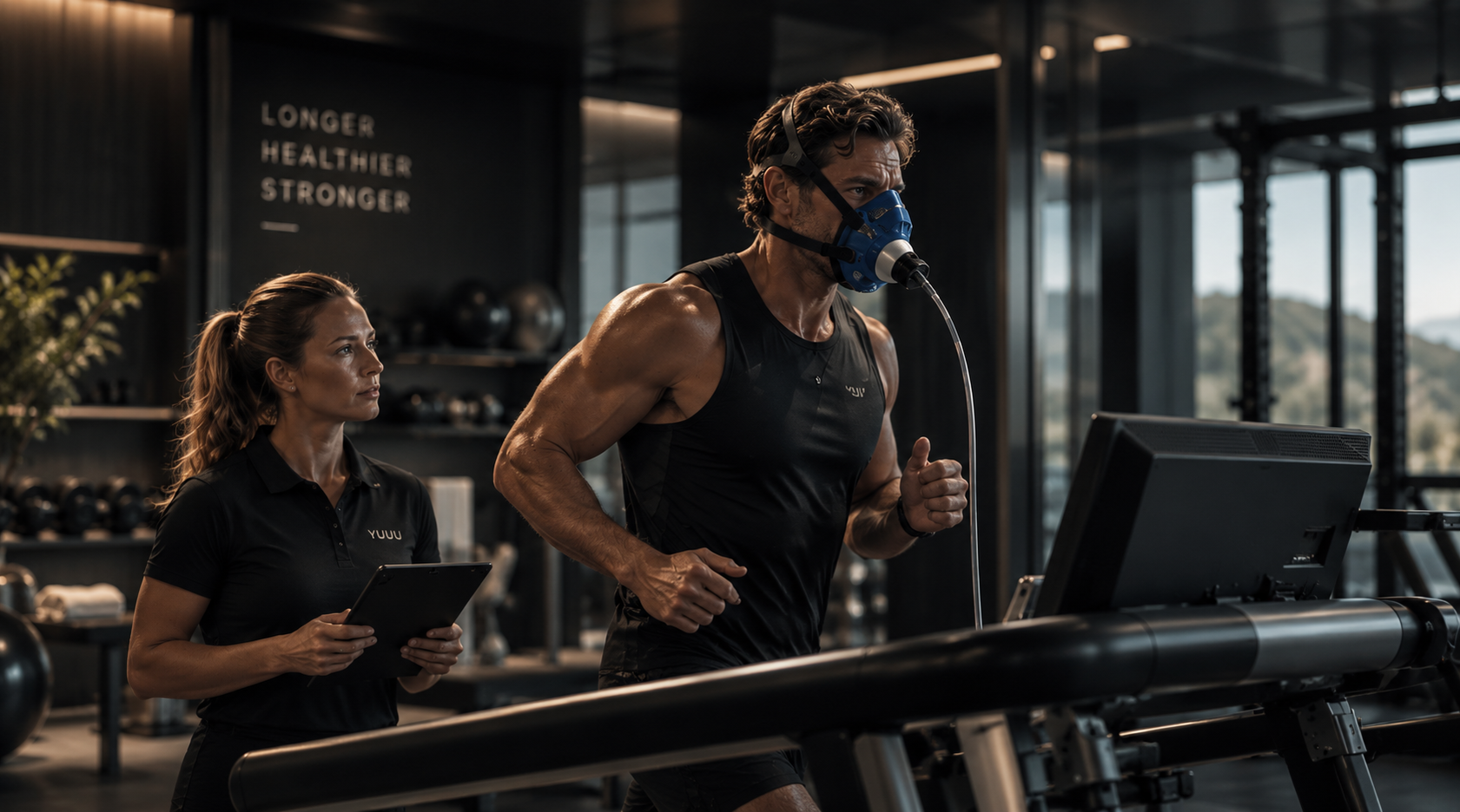 A man completing a performance assessment on a treadmill while a Yuuu practitioner observes