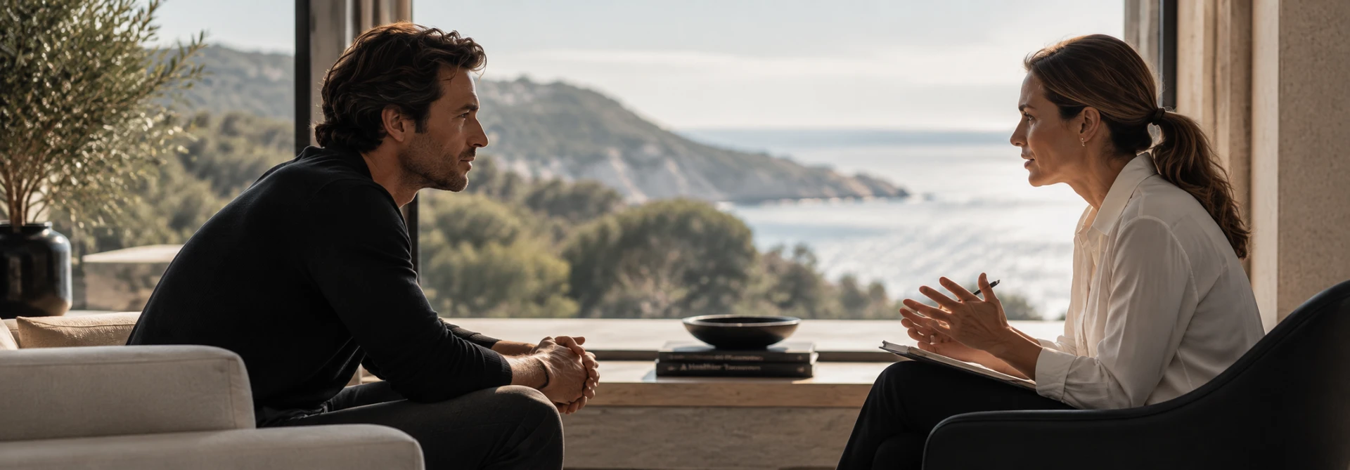 A private conversation between a Yuuu practitioner and client in a calm coastal setting