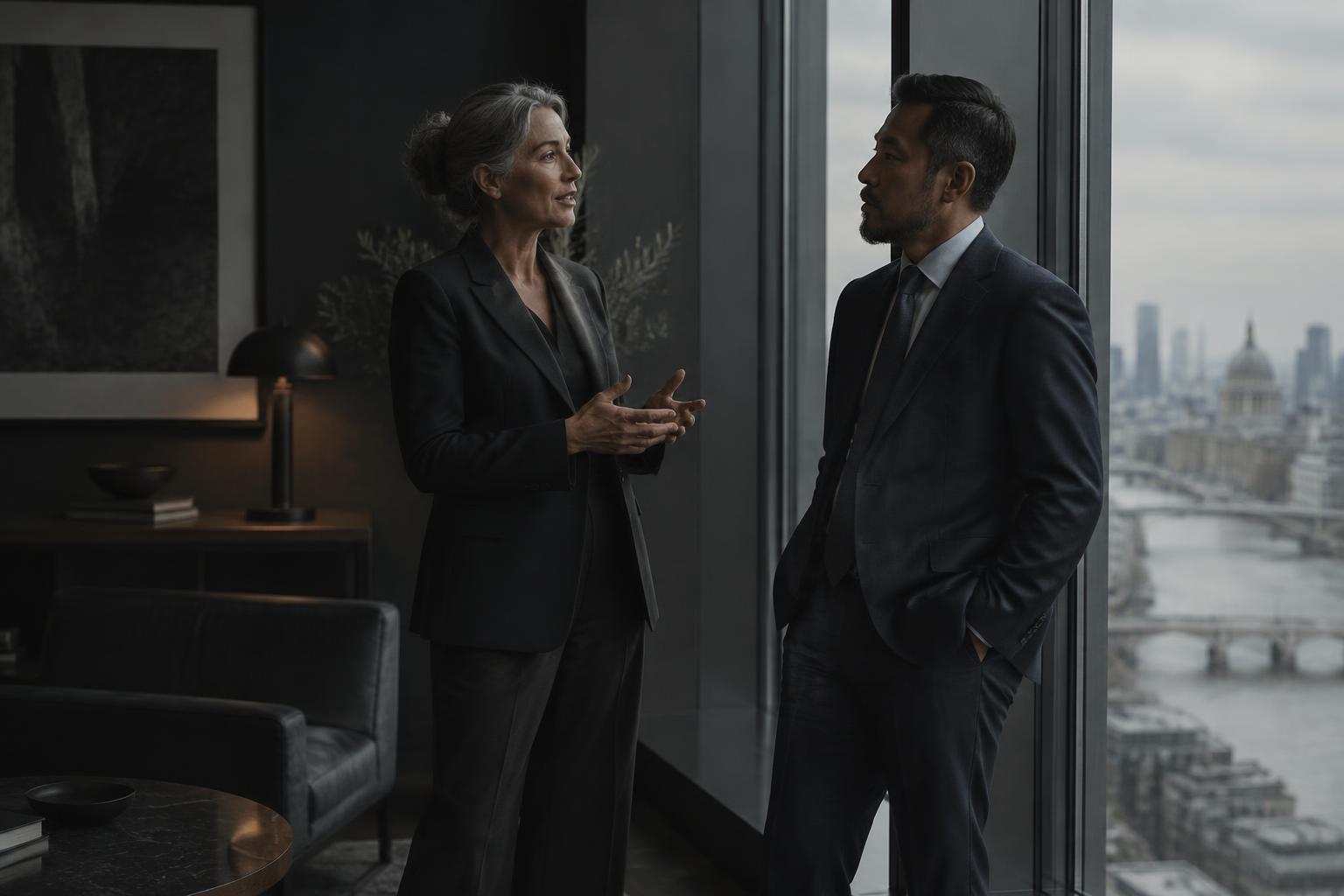 Two senior professionals in conversation by an office window