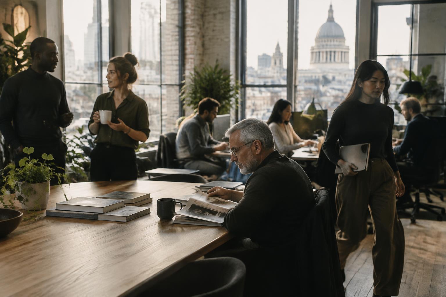 Colleagues of different ages working together in a naturally lit contemporary office