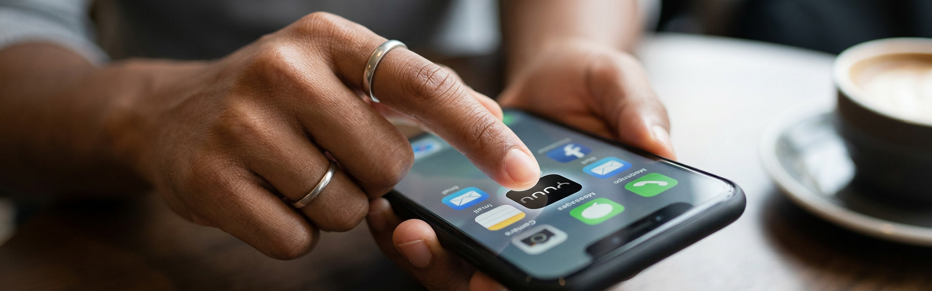 Hand using a smartphone with the Yuuu app icon visible