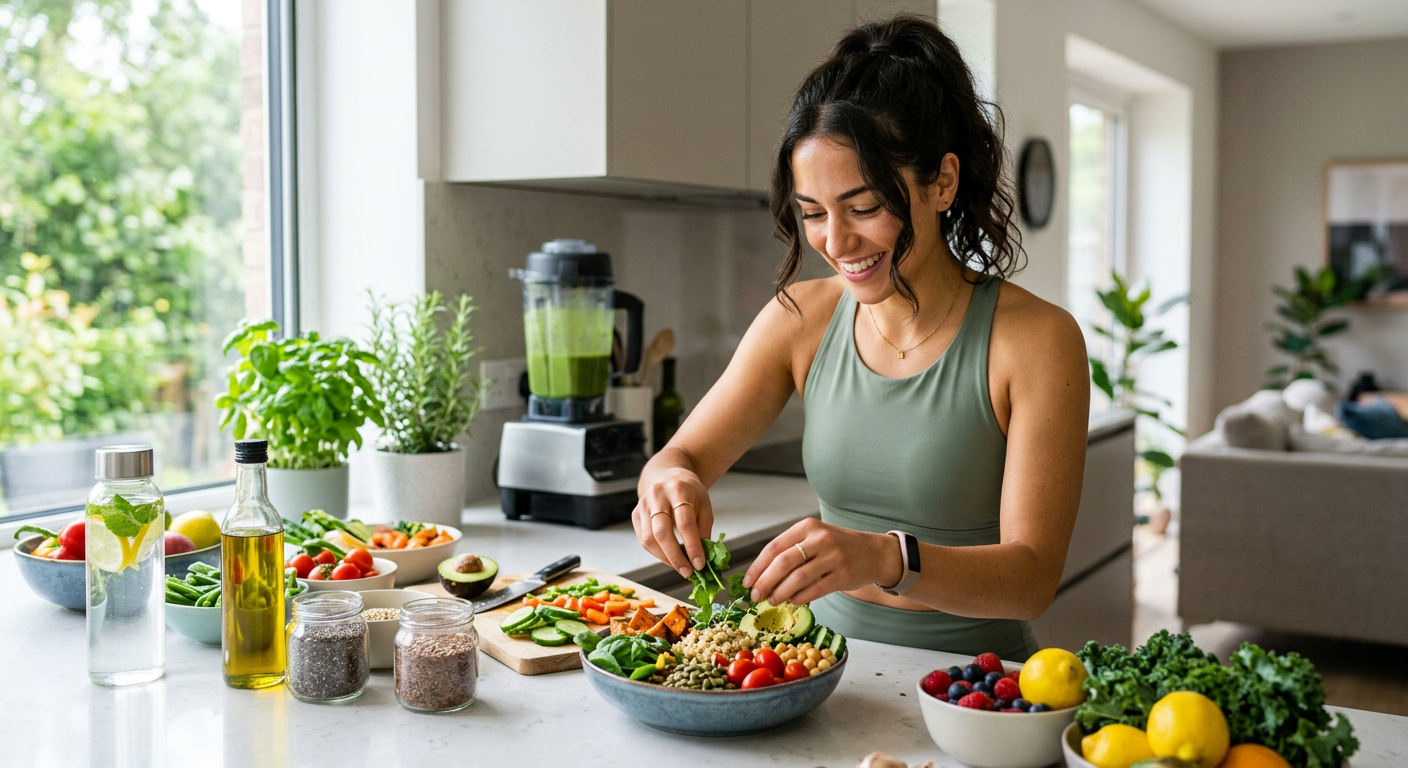 Woman preparing a fresh, nutrient-dense meal in a bright kitchen