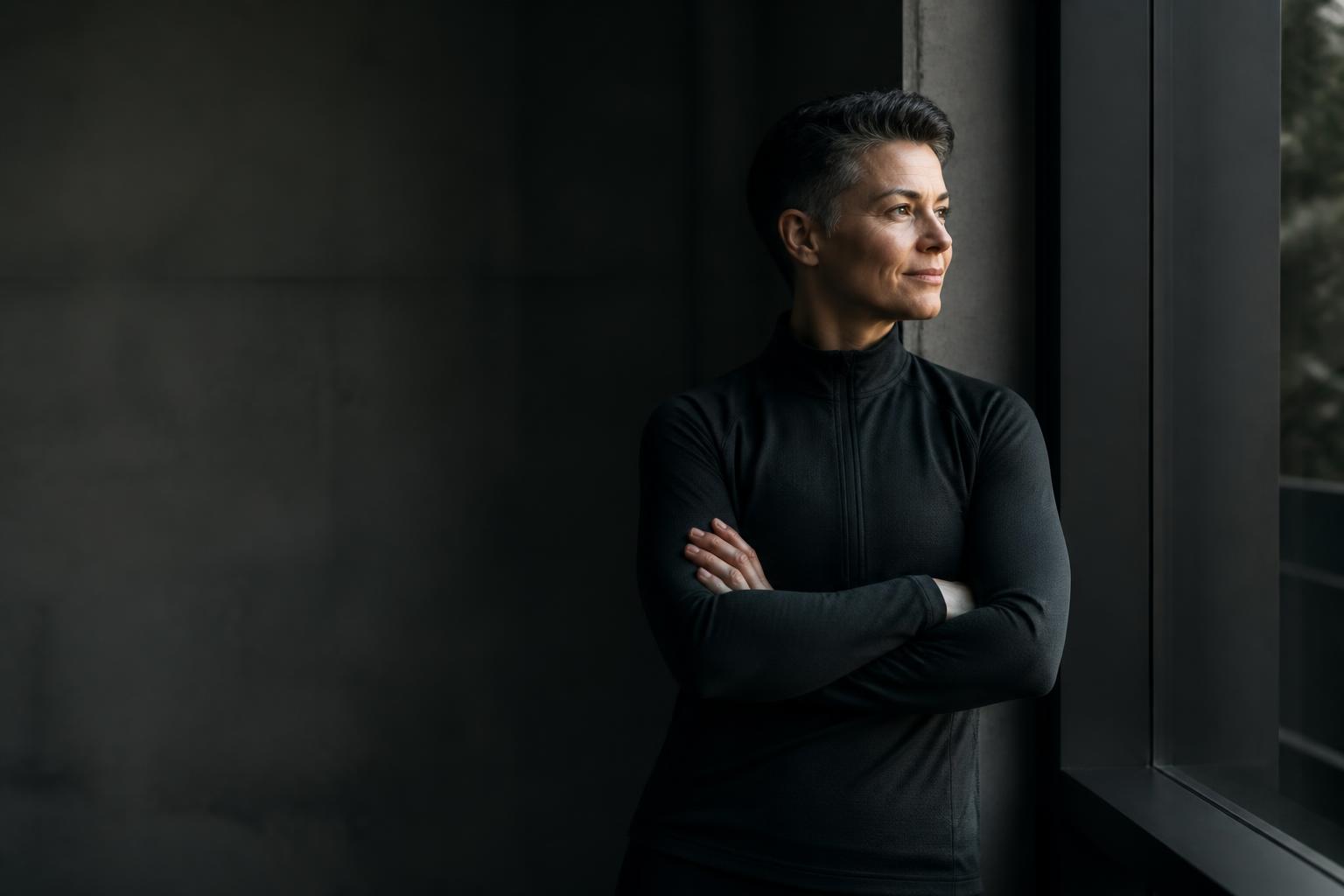 A healthy person looking ahead with calm confidence
